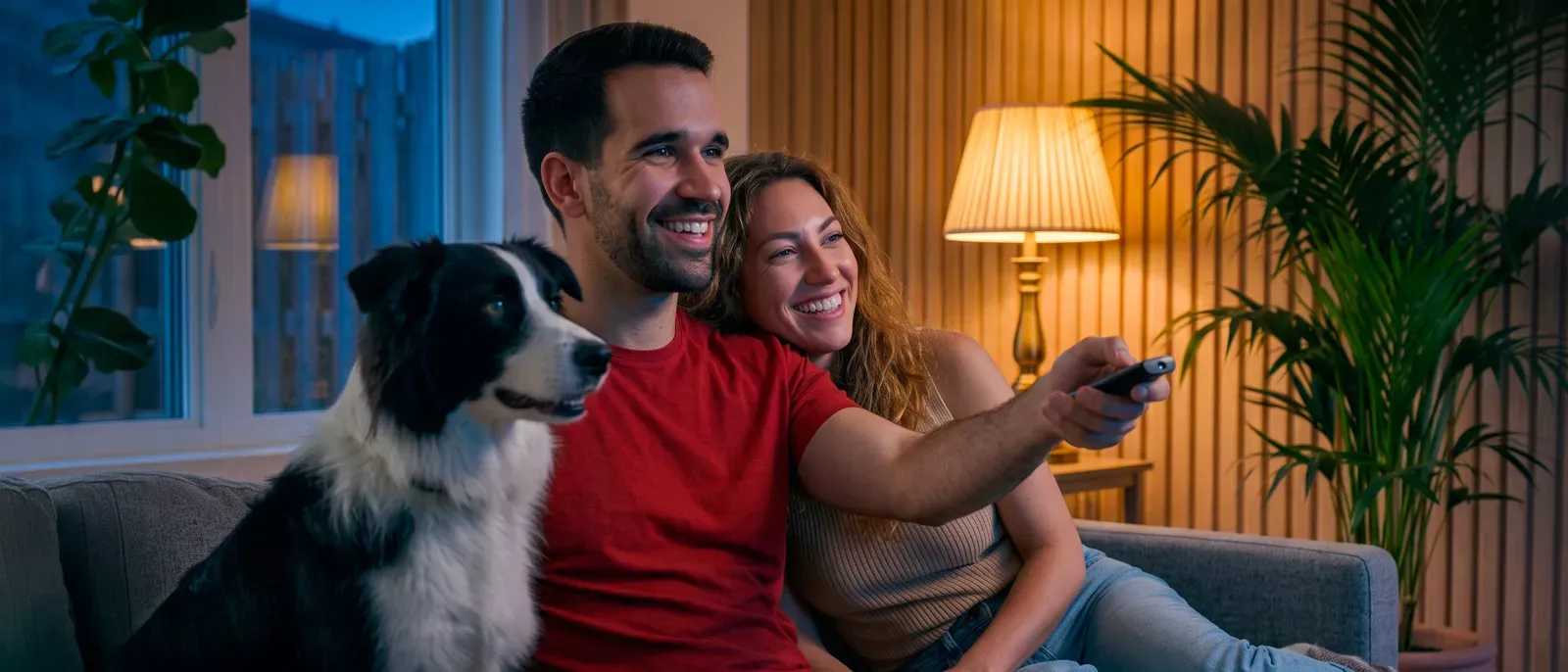 Couple watching tv with their dog.