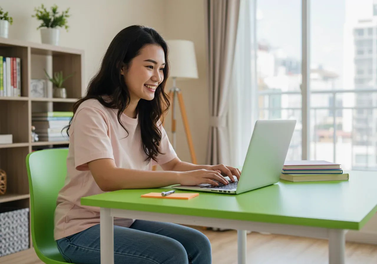 Student with fast internet studies at green desk at home.