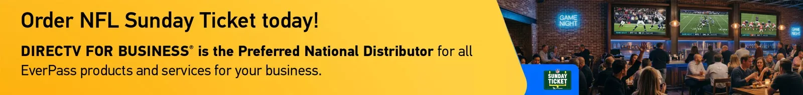 A yellow promotional banner urging businesses to order NFL Sunday Ticket through DIRECTV for Business, with a sports bar scene on the right.