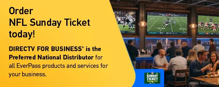 A yellow promotional banner urging businesses to order NFL Sunday Ticket through DIRECTV for Business, with a sports bar scene on the right.