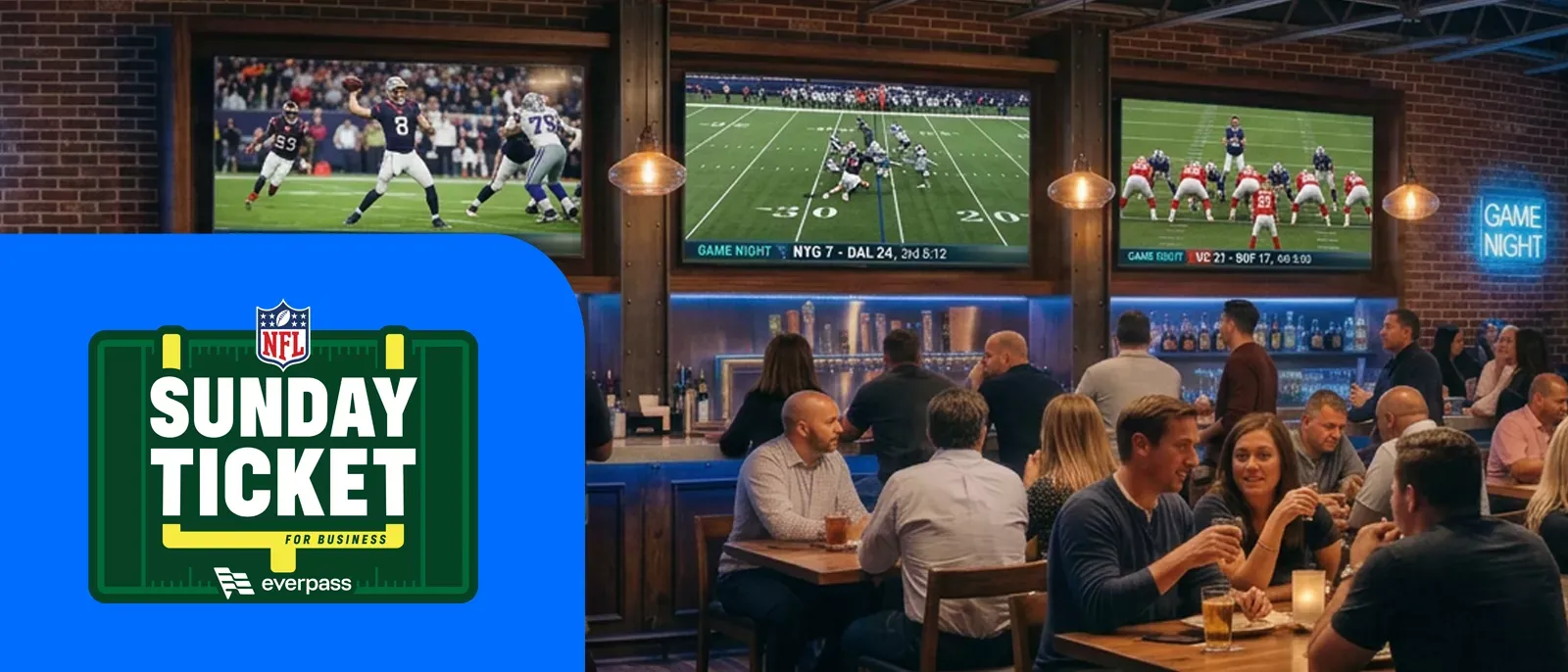 People gathered at a sports bar with TVs broadcasting NFL games and the NFL Sunday Ticket for Business logo overlaid on the left.