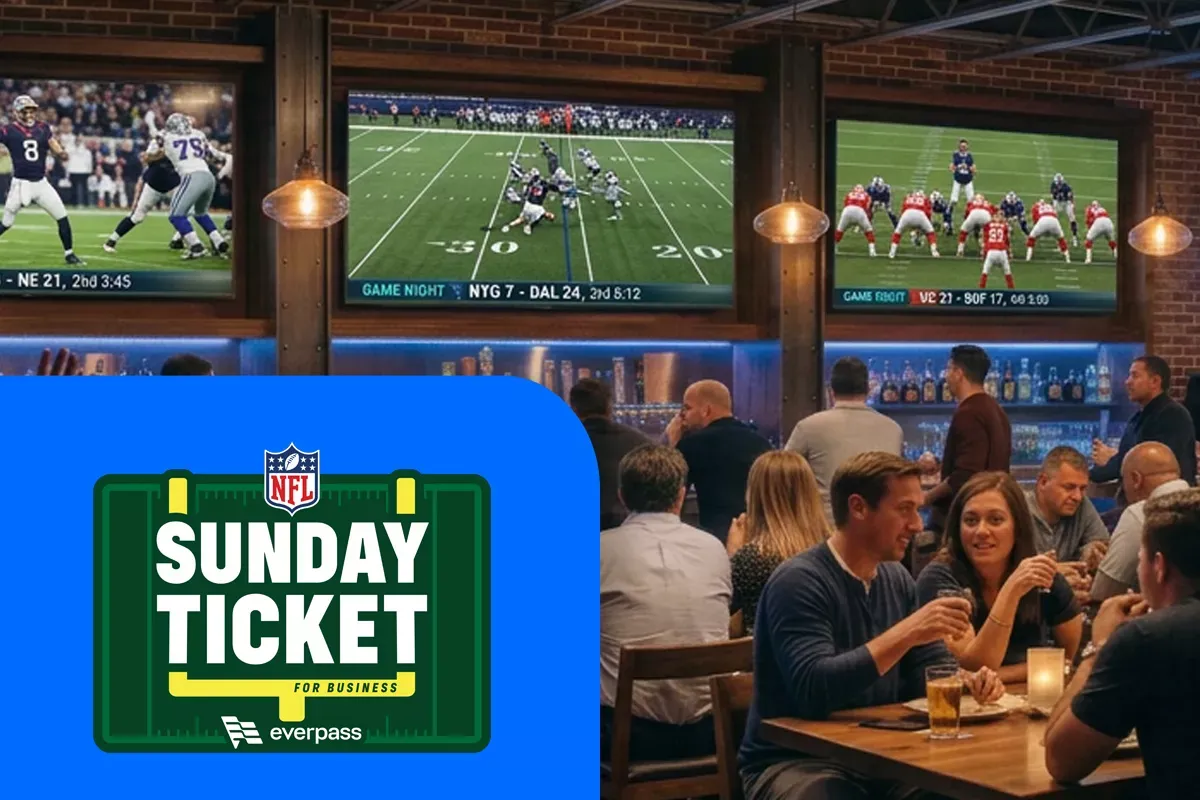 People gathered at a sports bar with TVs broadcasting NFL games and the NFL Sunday Ticket for Business logo overlaid on the left.