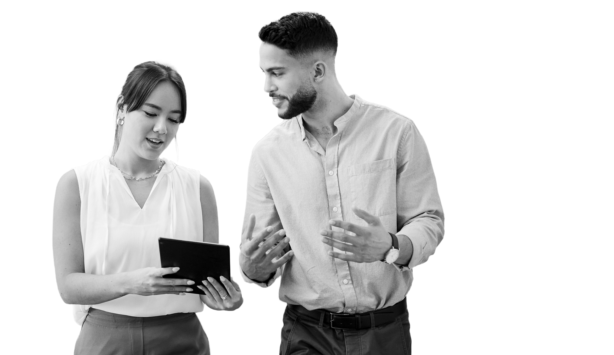business woman and man talking and walking with a tablet
