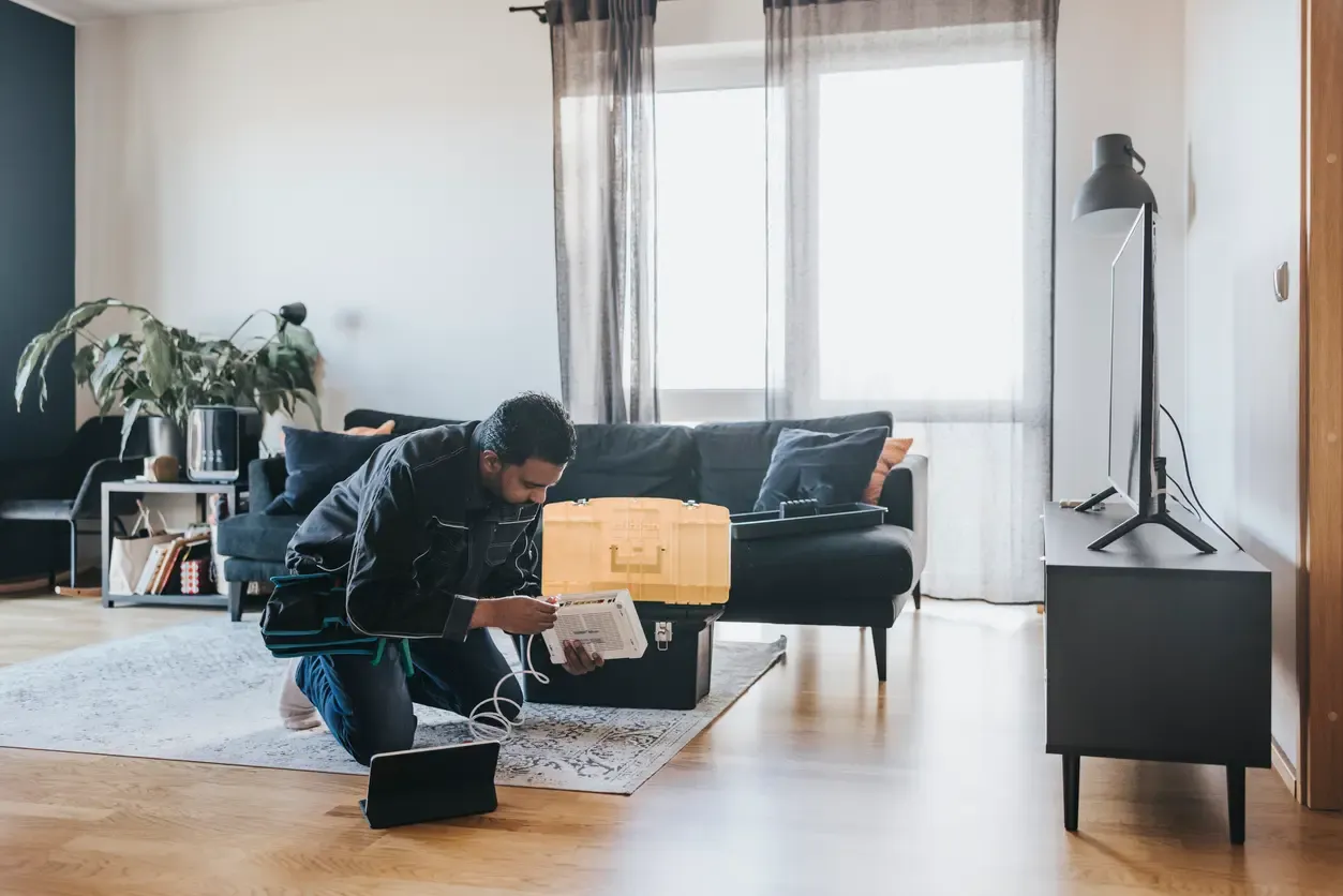 A technician kneels on a living room floor examining equipment from an open toolbox.