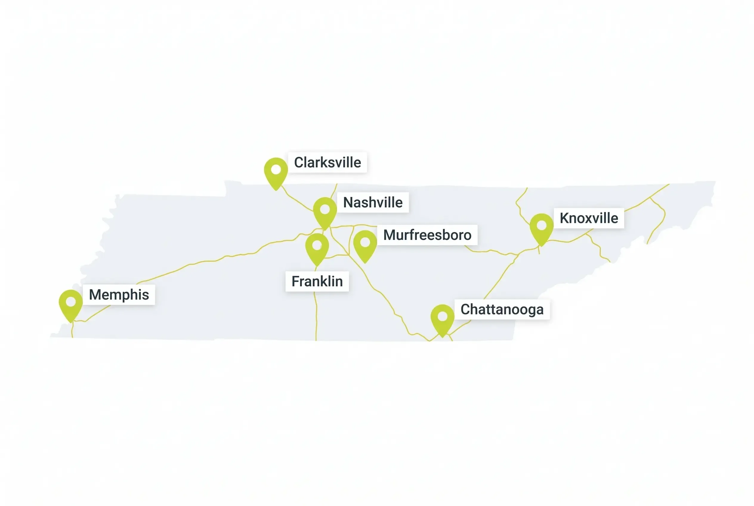 A simplified map of Tennessee featuring gold highway lines and green location pins marking the cities of Memphis, Clarksville, Nashville, Franklin, Murfreesboro, Chattanooga, and Knoxville.