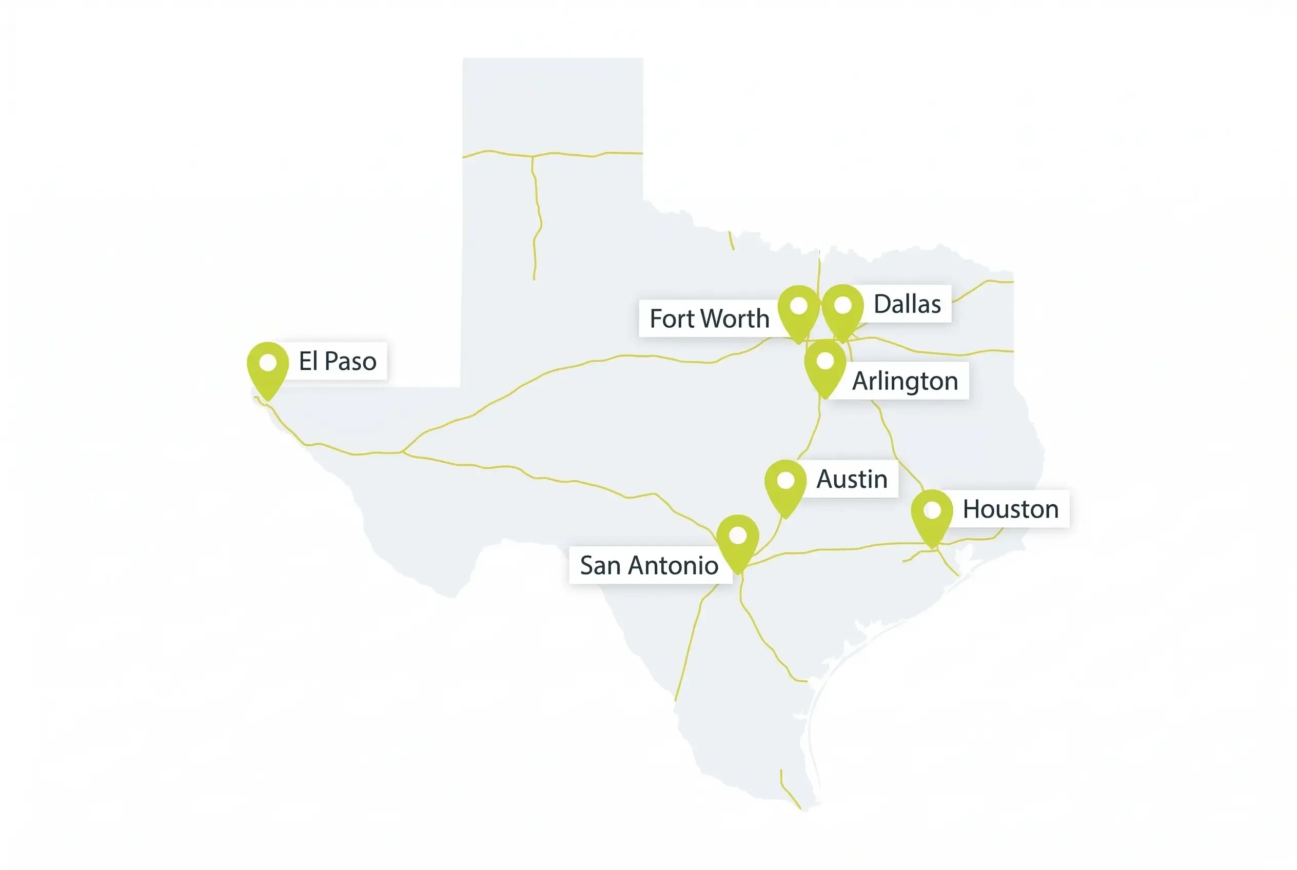 A simplified map of Texas featuring gold highway lines and green location pins marking the cities of El Paso, Fort Worth, Dallas, Arlington, Austin, San Antonio, and Houston.