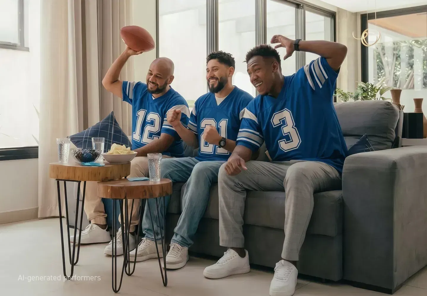 Three friends watch NFL football together at home