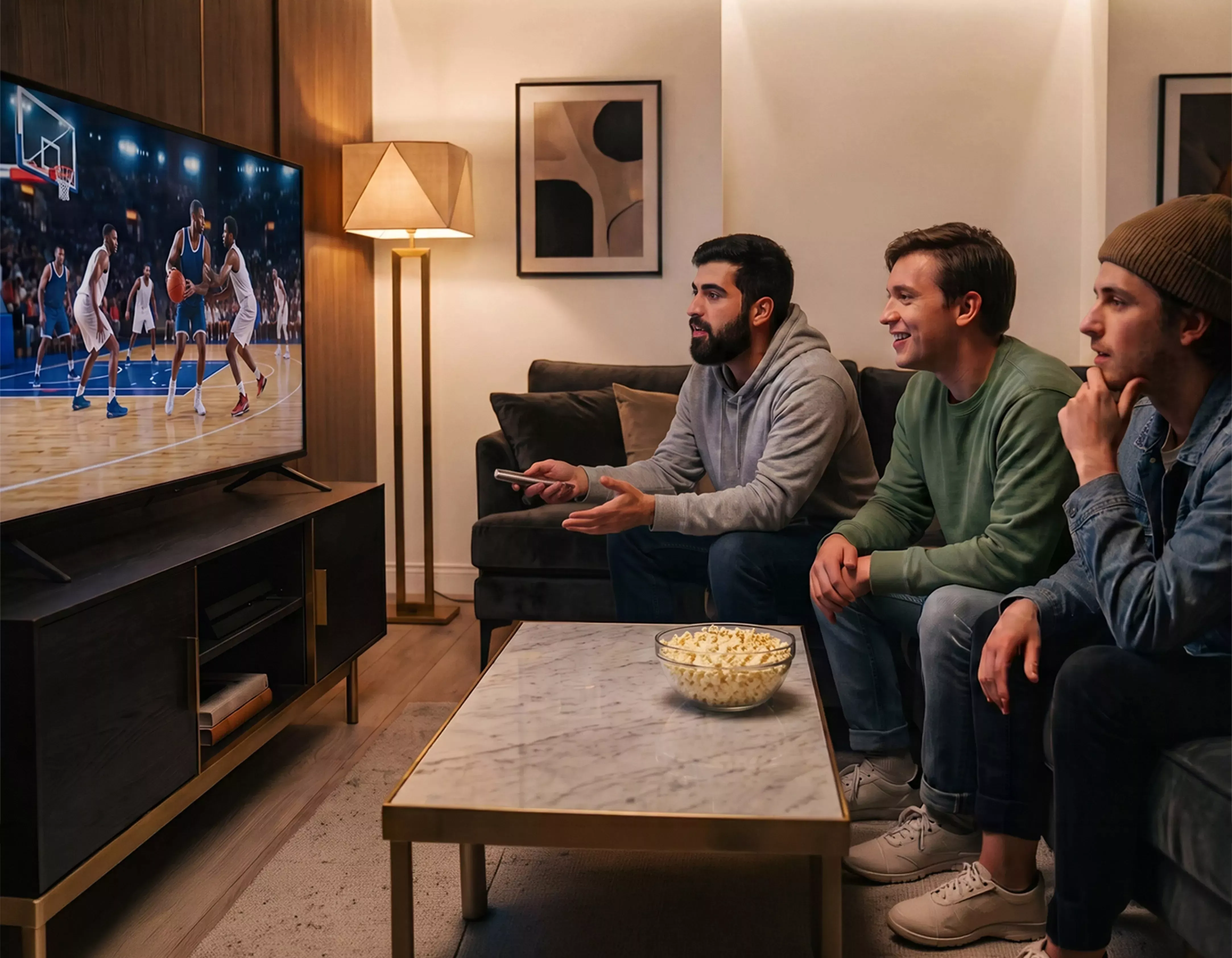 Three male friends watch professional basketball game together