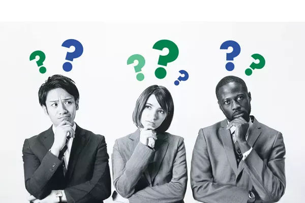 Confused and thinking business people.