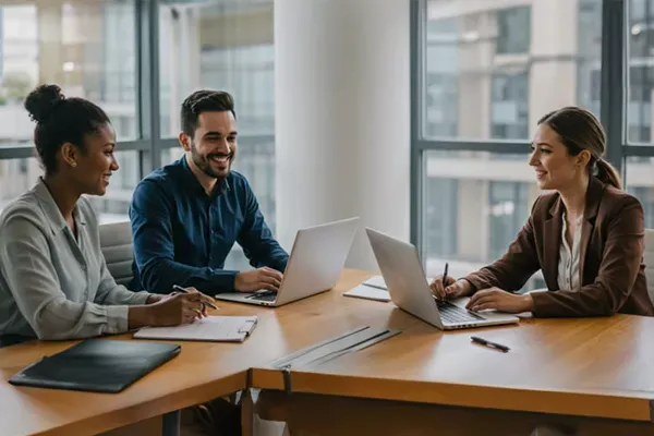 Three diverse business professionals, two women and one man, smile while collaborating at a wooden conference table with open laptops.