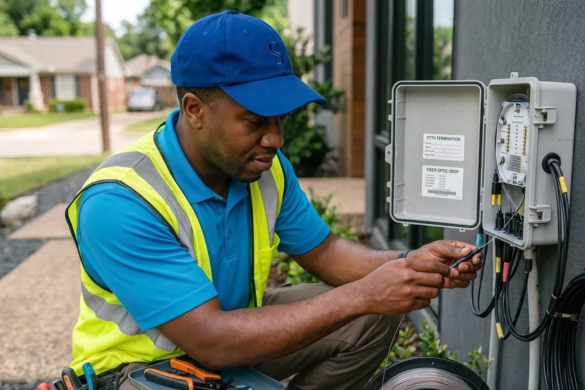 Fiber Internet installer, installing fiber on the side of a home.