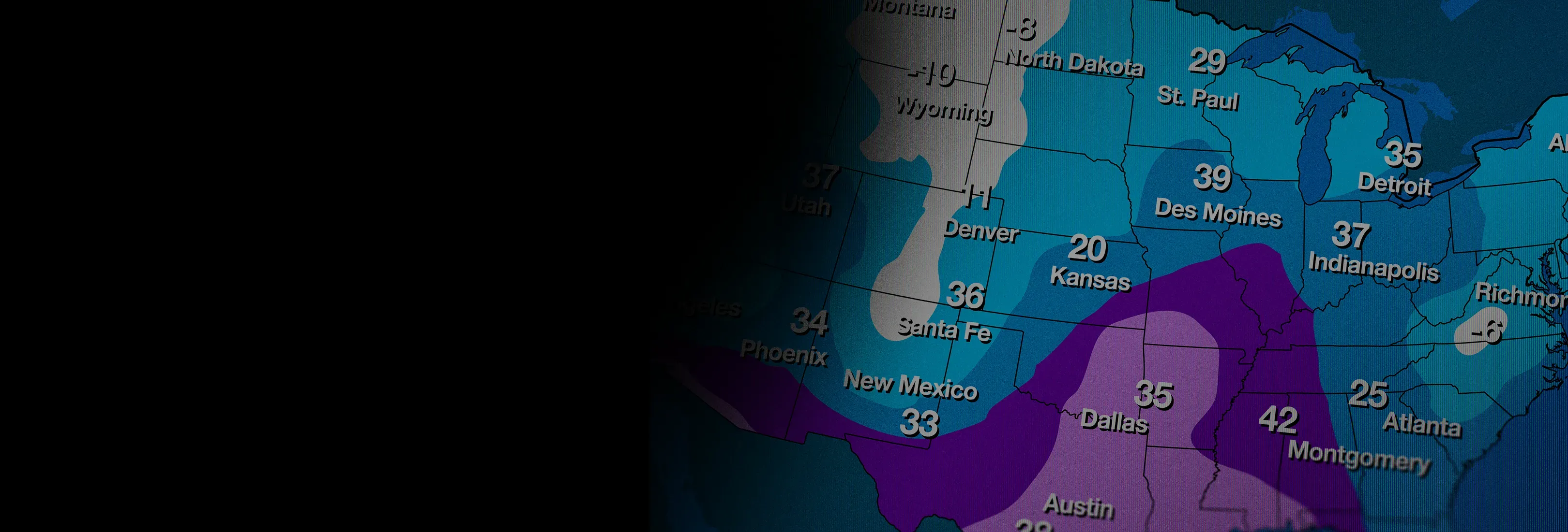 A stylized weather map of the United States displaying temperature readings for various major cities.