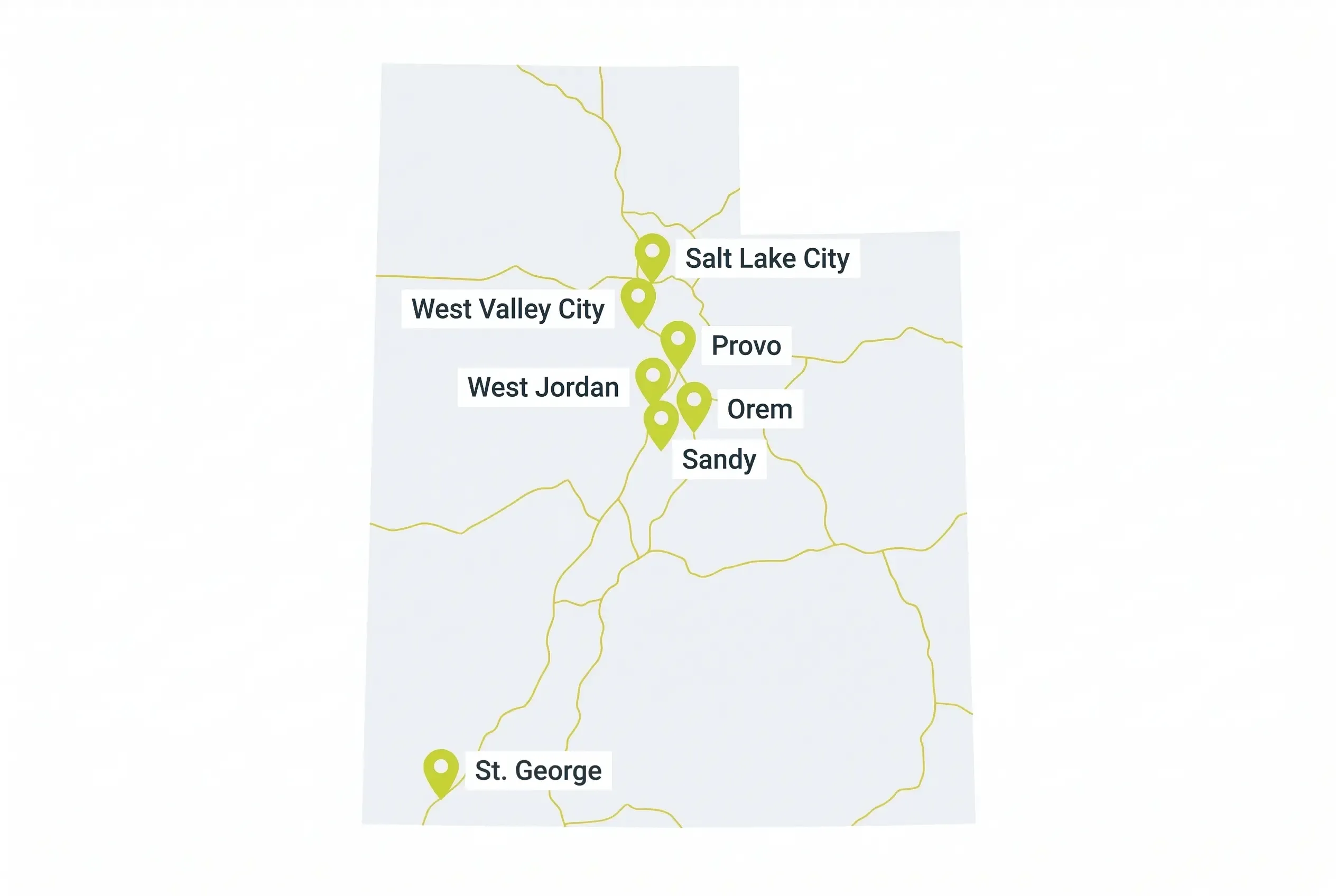 A simplified map of Utah featuring gold highway lines and green location pins marking the cities of Salt Lake City, West Valley City, West Jordan, Provo, Orem, Sandy, and St. George.
