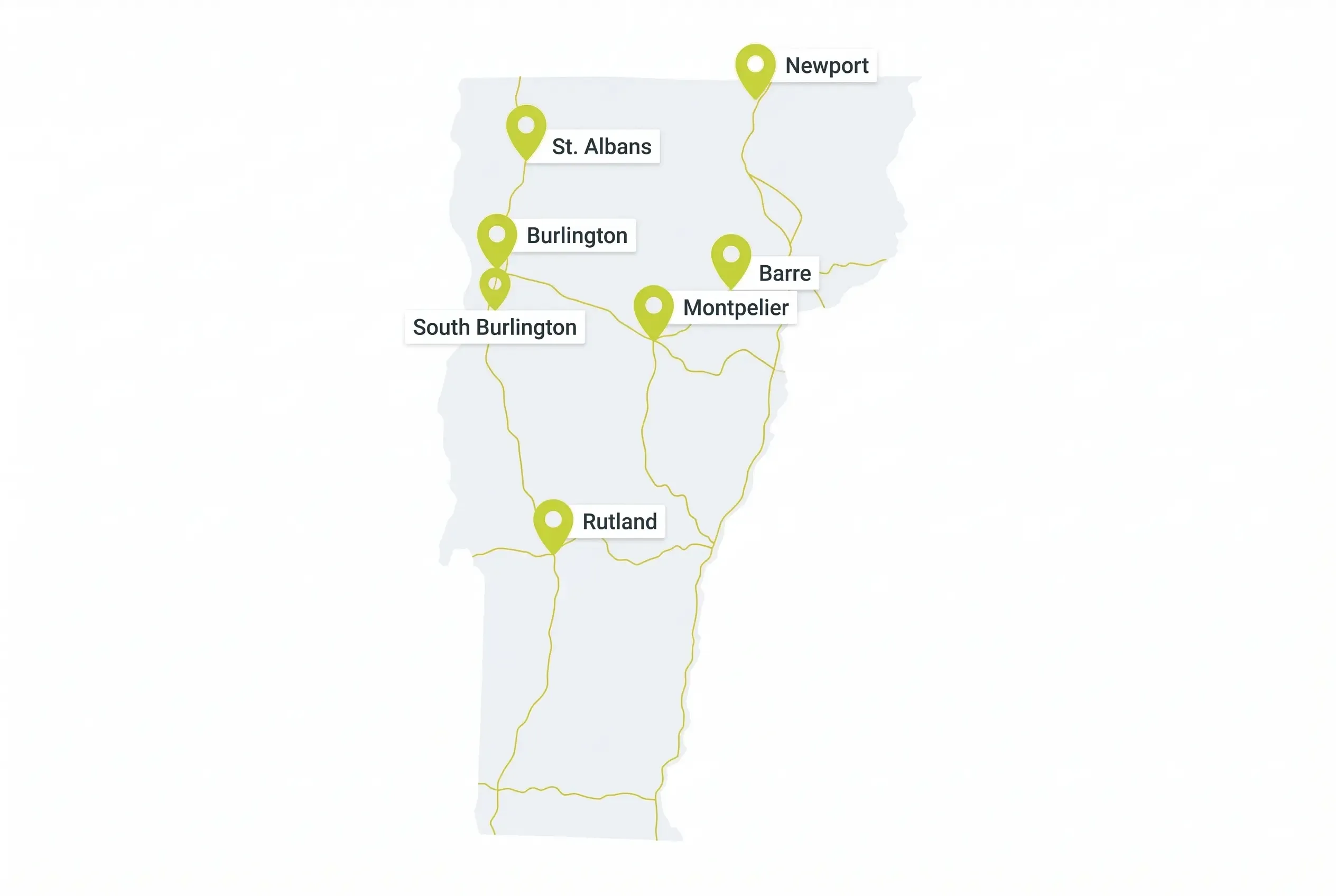 A simplified map of Vermont featuring gold highway lines and green location pins marking the cities of Newport, St. Albans, Burlington, South Burlington, Montpelier, Barre, and Rutland.