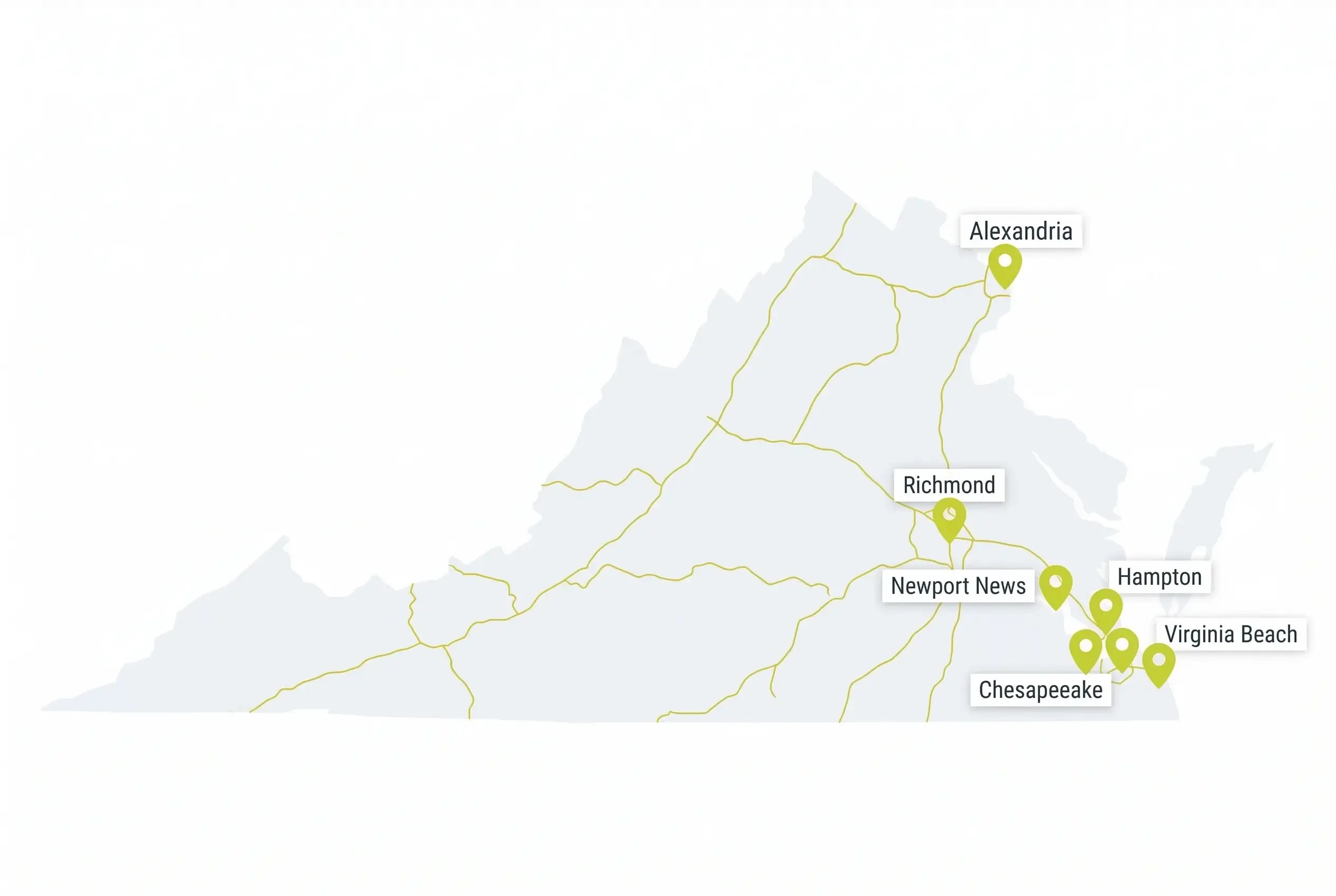 A simplified map of Virginia featuring gold highway lines and green location pins marking the cities of Alexandria, Richmond, Newport News, Hampton, Chesapeake, and Virginia Beach.