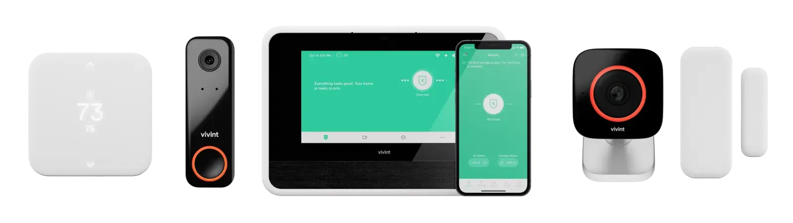 An array of white and black Vivint smart home security devices, including a thermostat, doorbell camera, control panel, mobile app, indoor camera, and sensors.