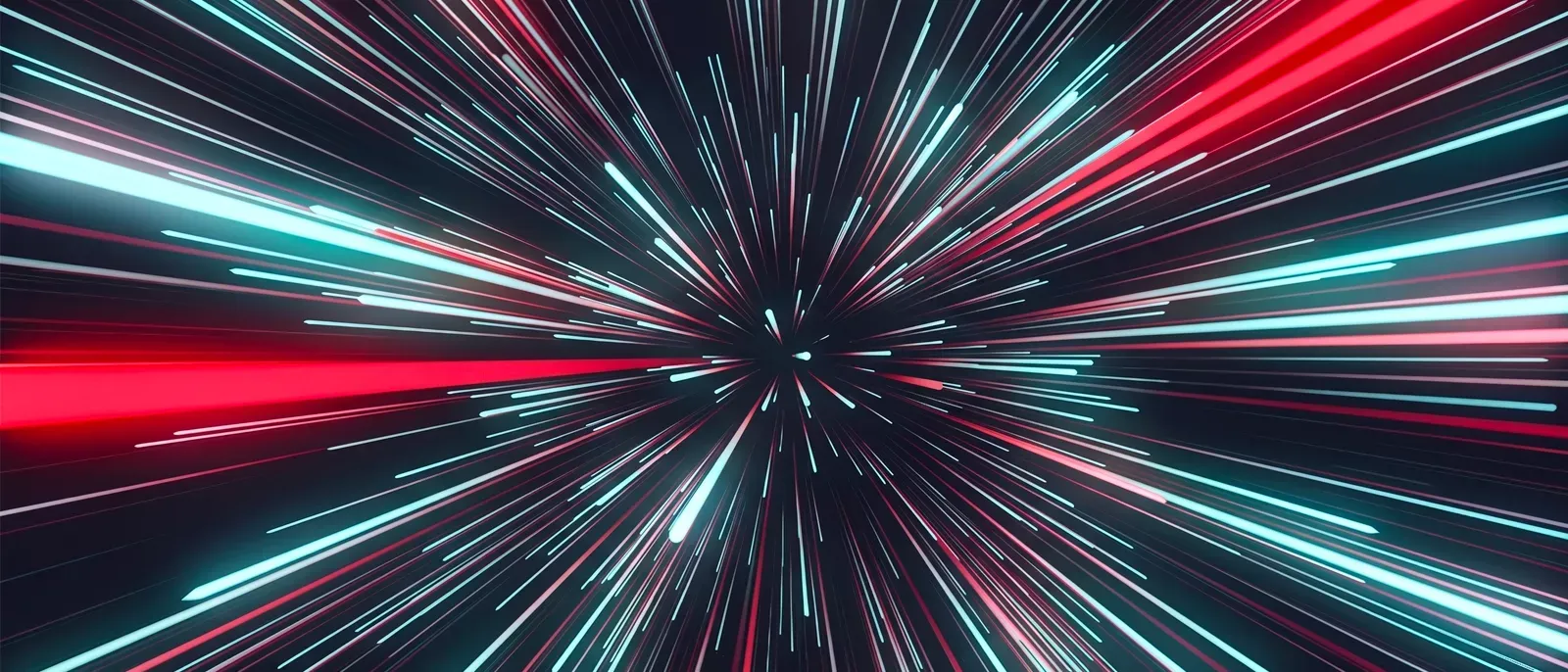 Bright neon red and light blue light beams moving out on a dark ground.