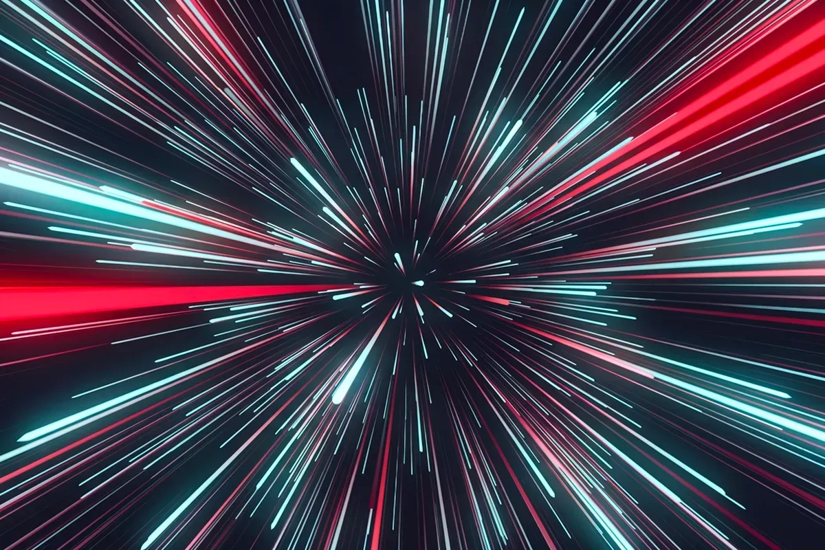 neon light beams in red and blue moving outward from the center, on a dark ground.