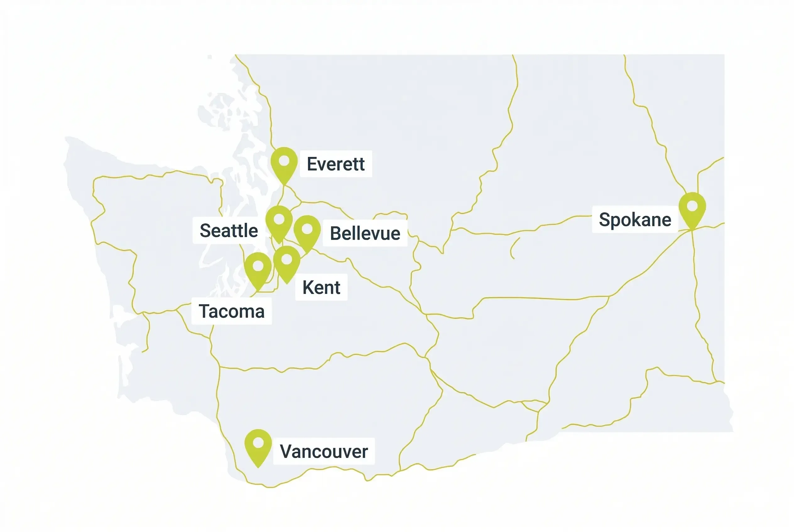 A simplified map of Washington state featuring gold highway lines and green location pins marking the cities of Everett, Seattle, Bellevue, Tacoma, Kent, Vancouver, and Spokane.