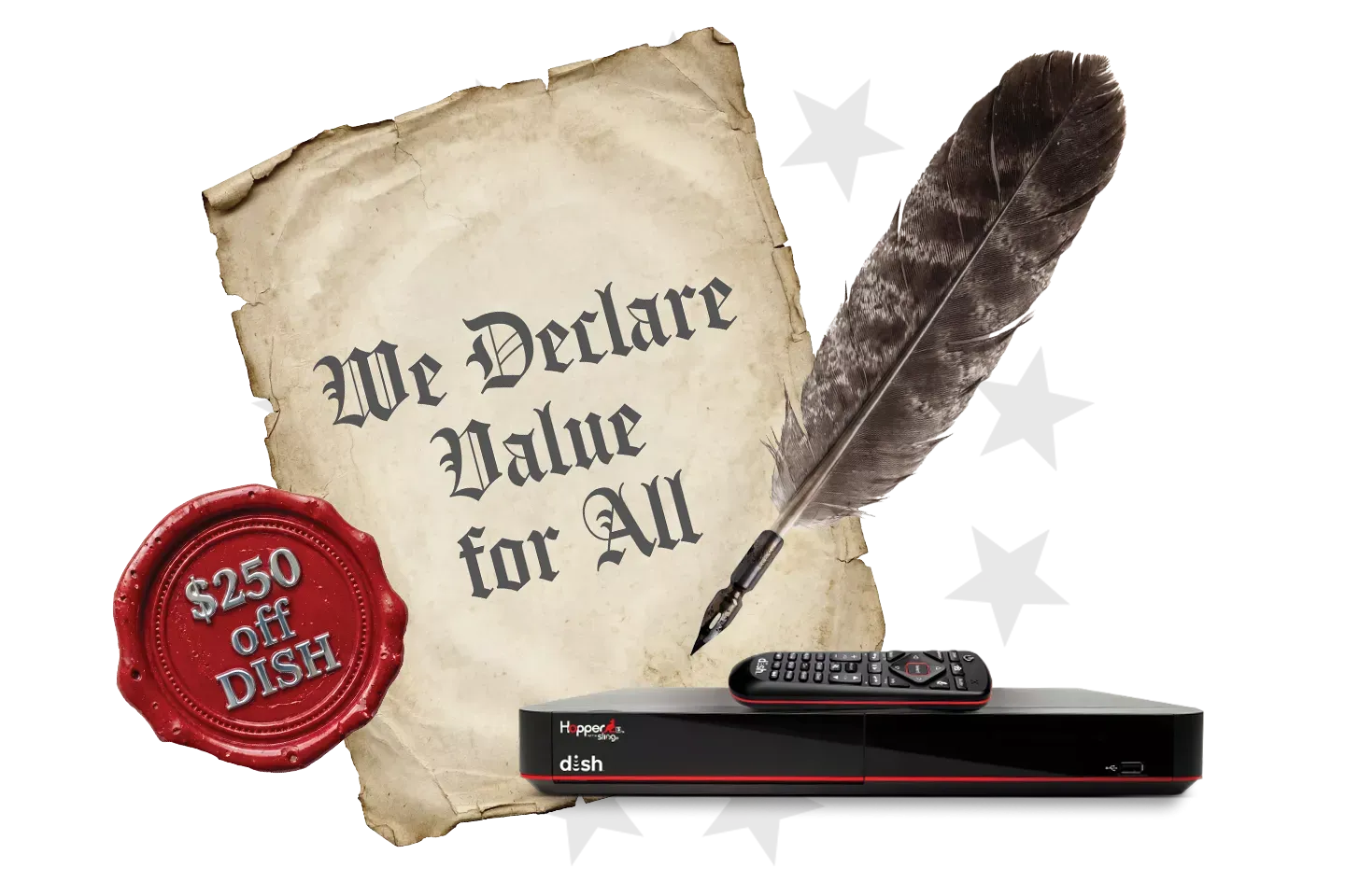 A promotional graphic featuring an aged parchment with the text "We Declare Value for All," a quill pen, a $250 off DISH wax seal, and a DISH Hopper DVR with its remote.
