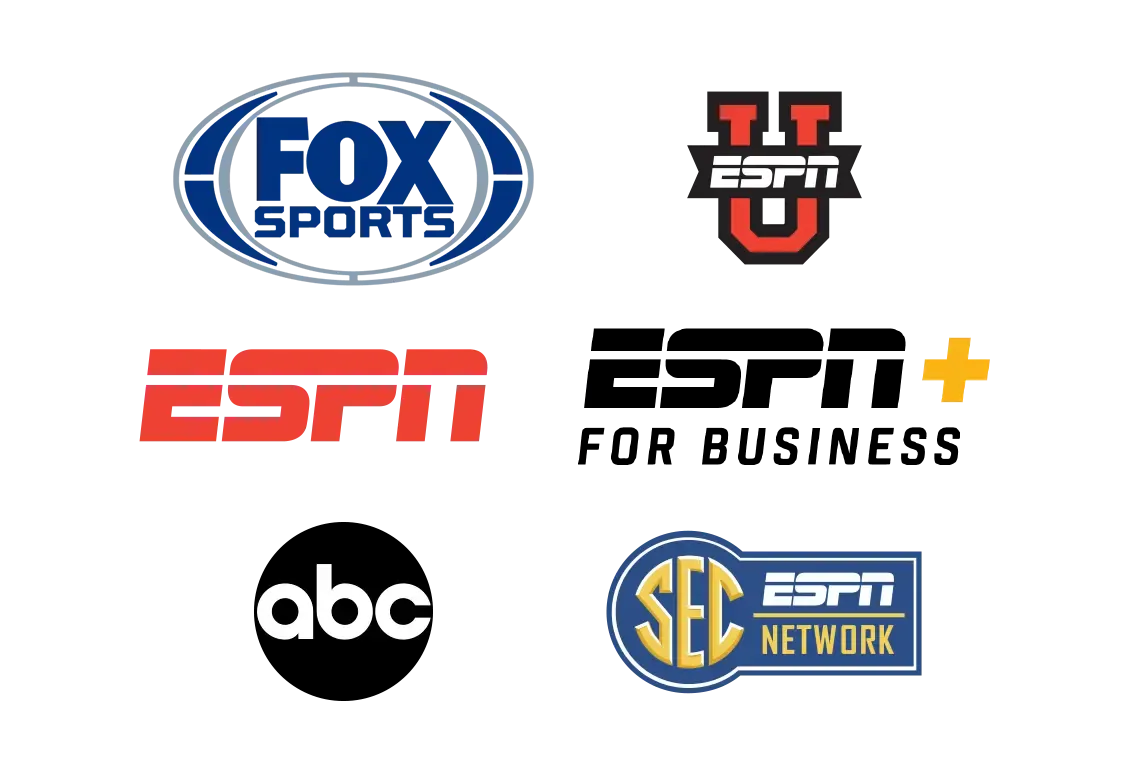 Fox Sports, U - ESPN, ESPN, ESPN for business, abc, and SEC ESPN Network channel logos.