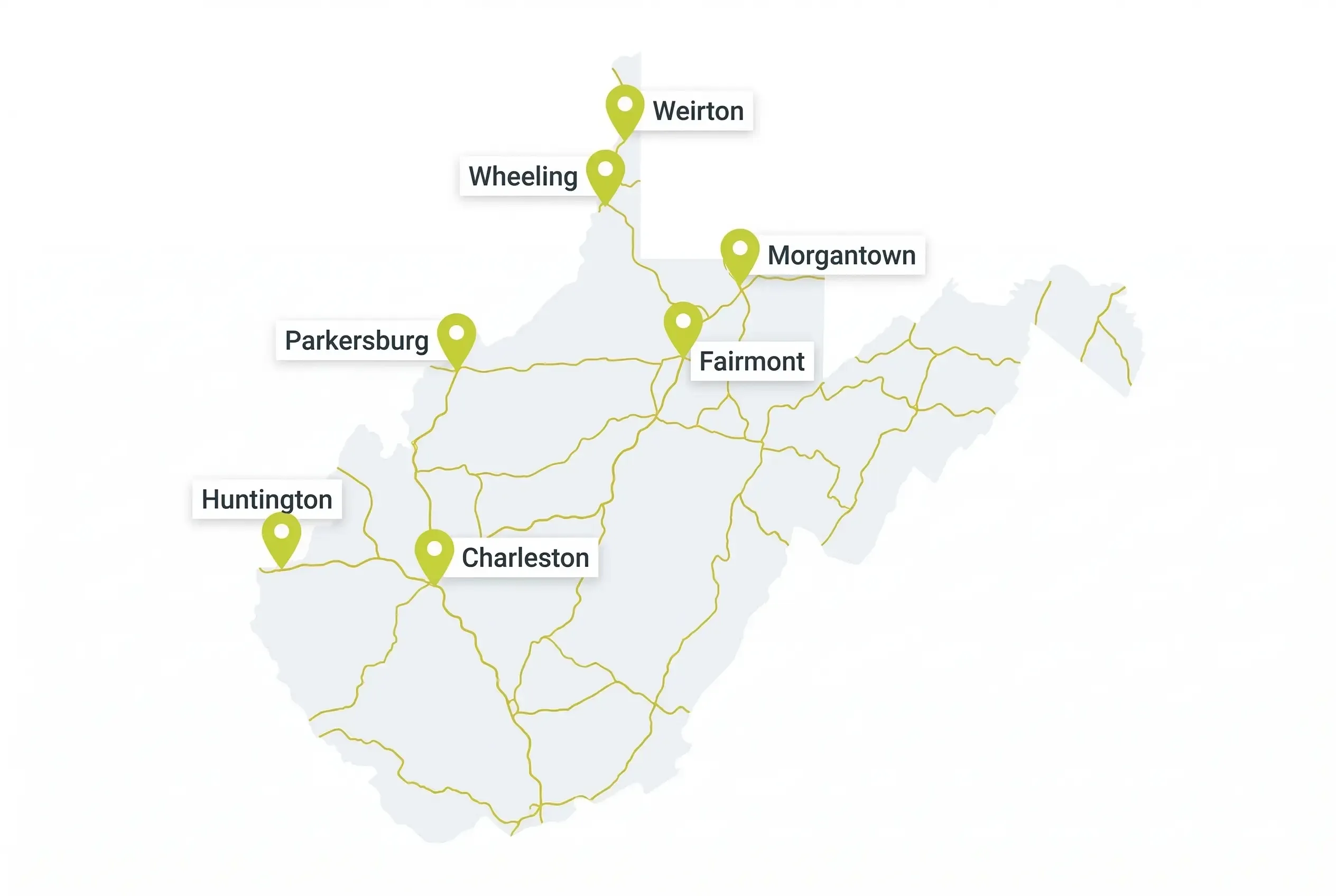 A simplified map of West Virginia featuring gold highway lines and green location pins marking the cities of Weirton, Wheeling, Morgantown, Fairmont, Parkersburg, Huntington, and Charleston.