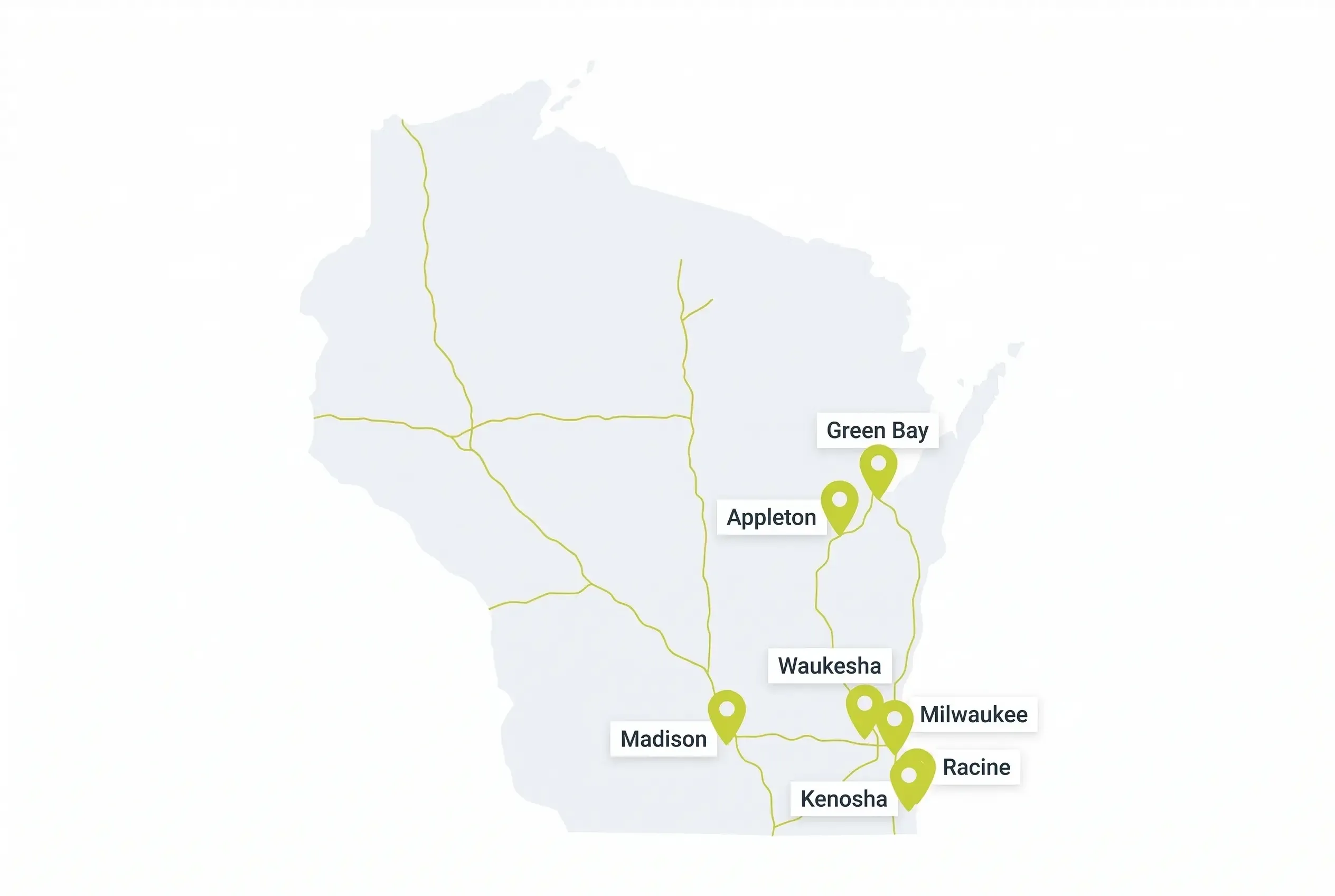 A simplified map of Wisconsin featuring gold highway lines and green location pins marking the cities of Green Bay, Appleton, Waukesha, Milwaukee, Madison, Racine, and Kenosha.