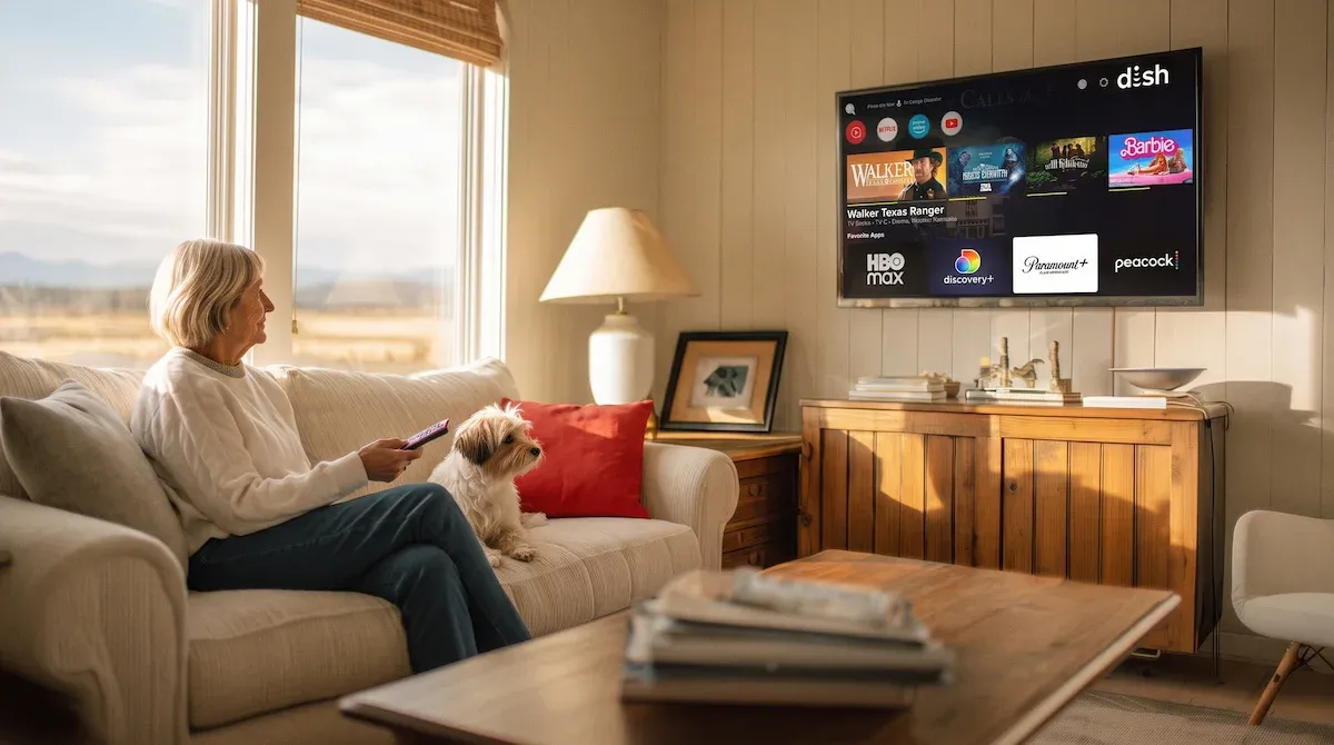 A woman with her small dog on the couch browses the DISH home screen with a remote.