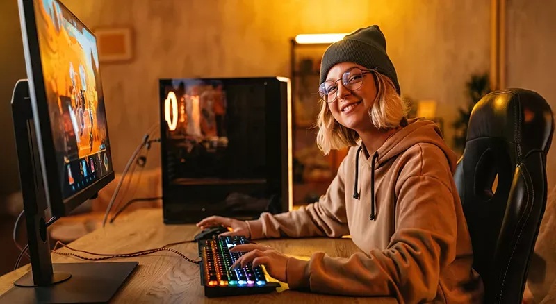 Woman games with Fiber internet at home