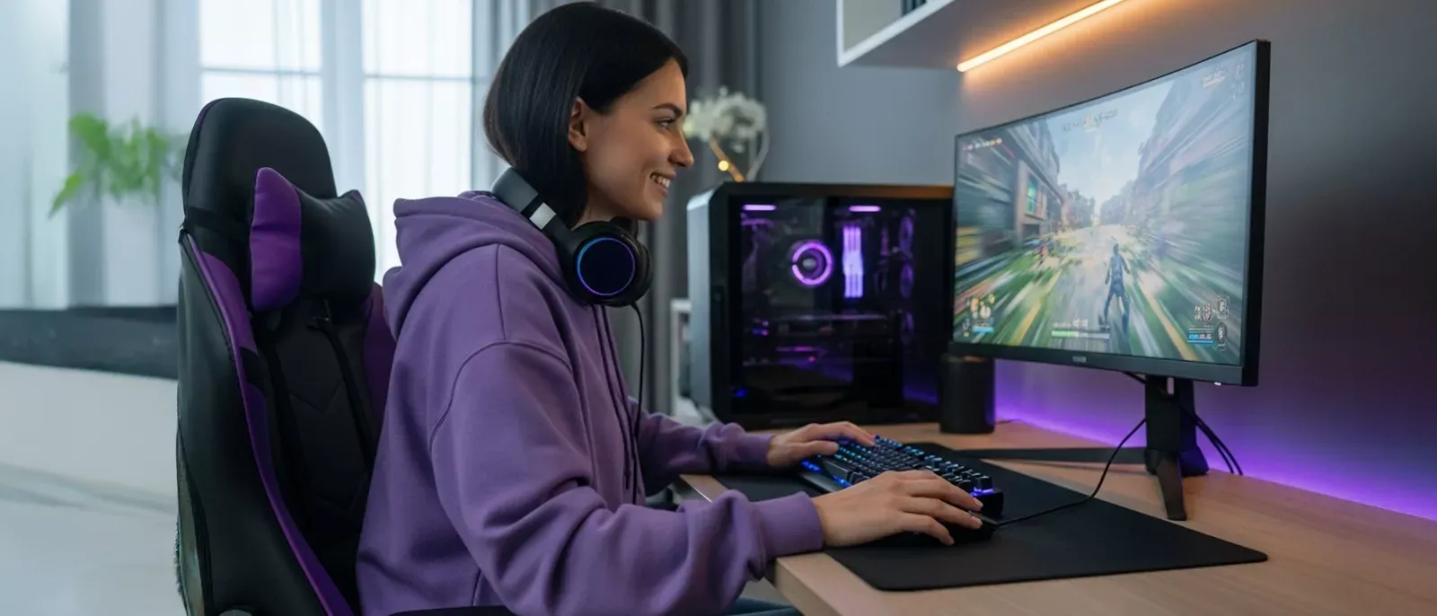 Woman games with fiber internet