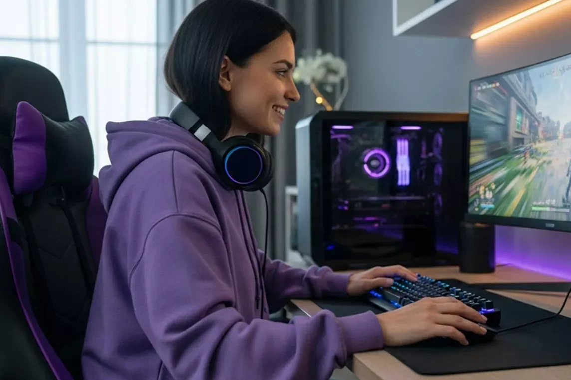 Woman games with fiber internet