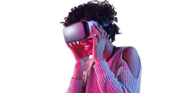 Smiling woman in VR headset