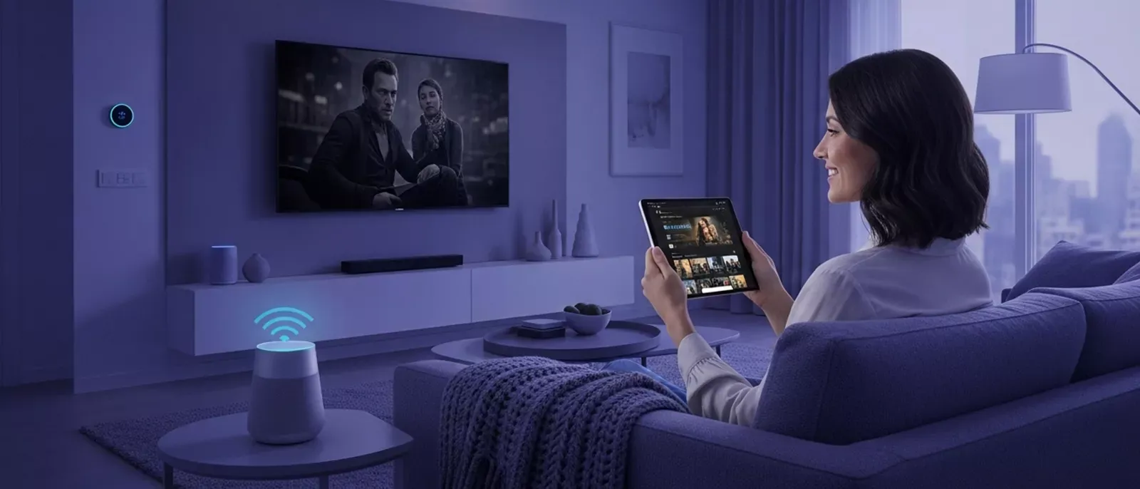 Woman inside a smart home living room surrounded by smart devices