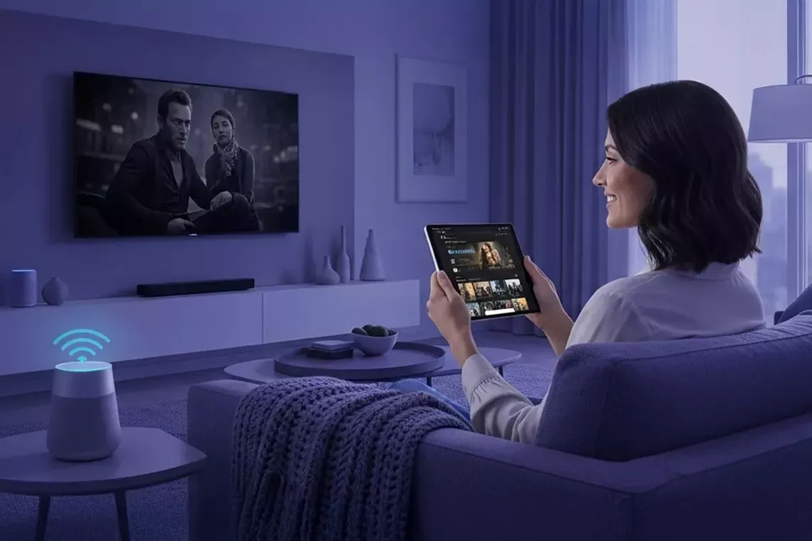 Woman inside a smart home living room surrounded by smart devices