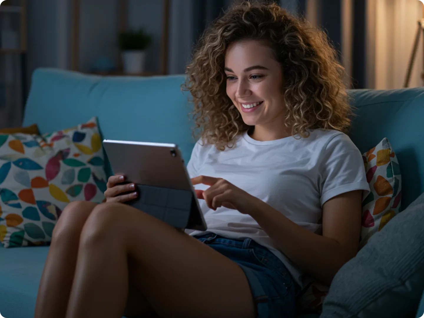 Woman streams movie on tablet at home