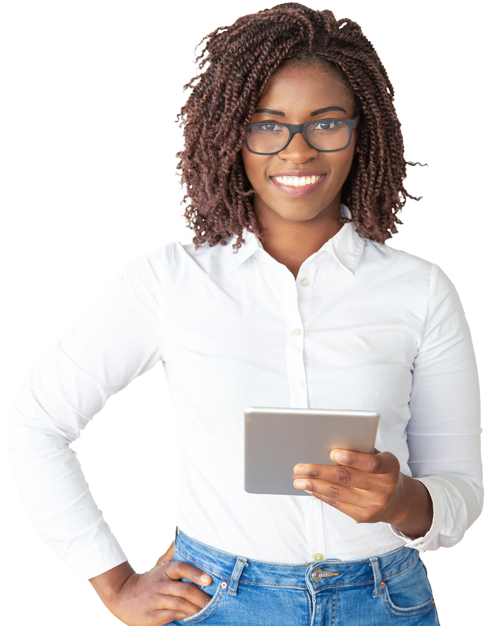 woman in white holding a tablet