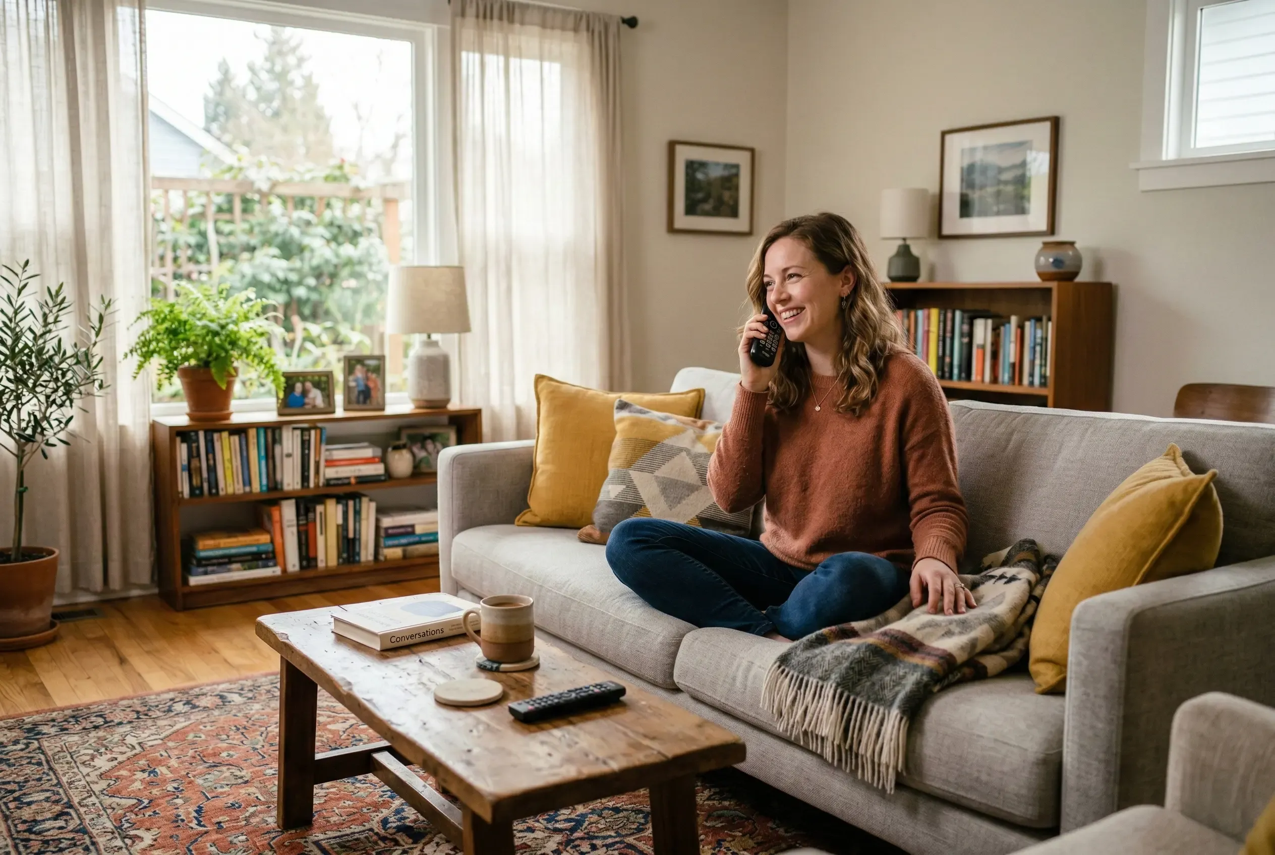 A woman sitting cross-legged on a gray sofa in a cozy, sunlit living room while smiling and talking on a handheld phone.