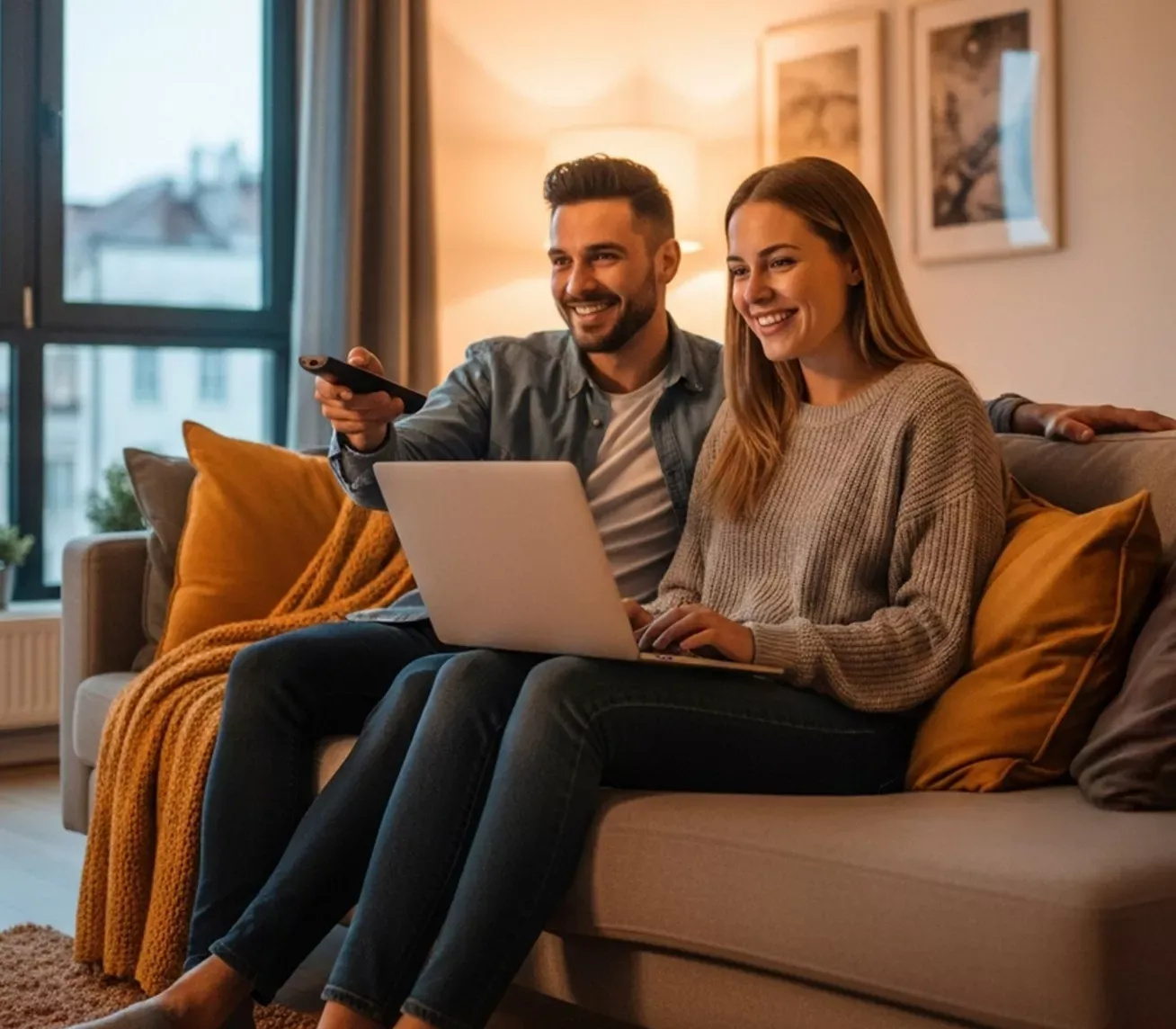 Woman uses laptop while man watches TV