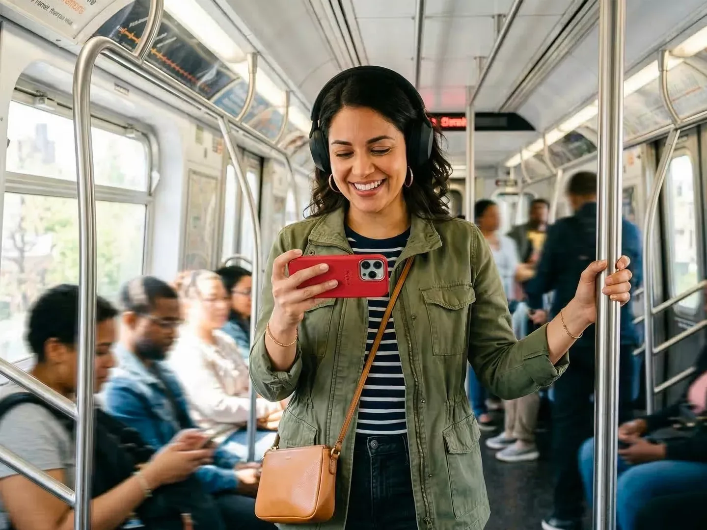 A smiling woman wearing headphones watches a video on her smartphone while standing on a subway train.