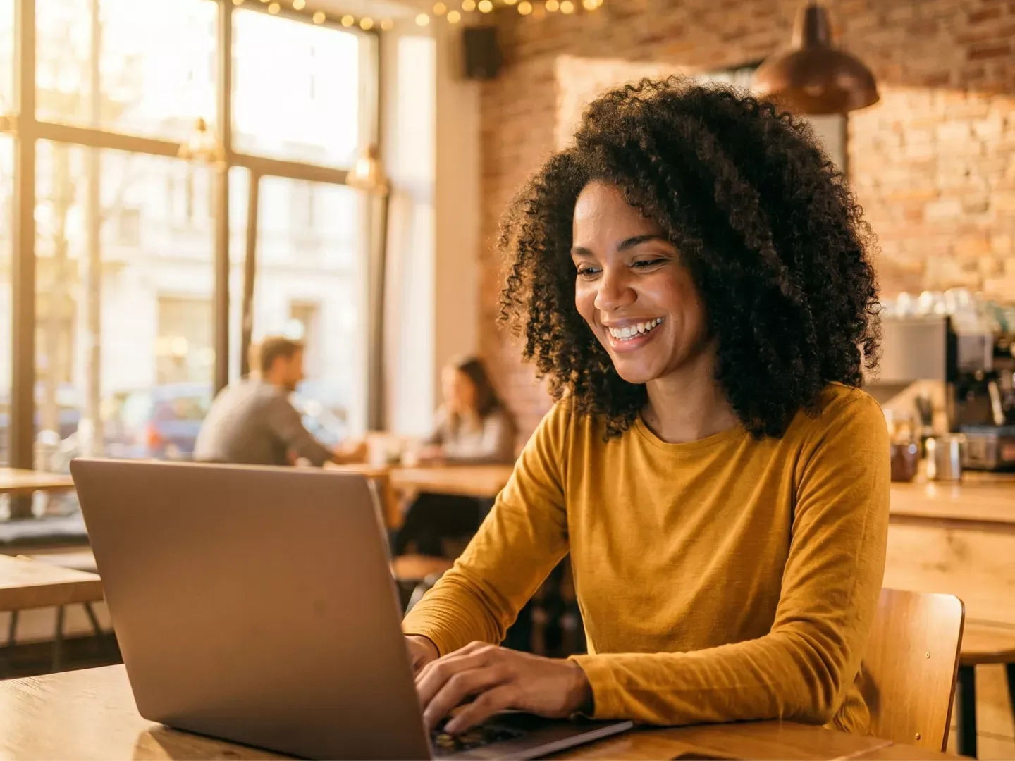 A smiling woman with curly hair uses a laptop while sitting in a sunlit cafe.