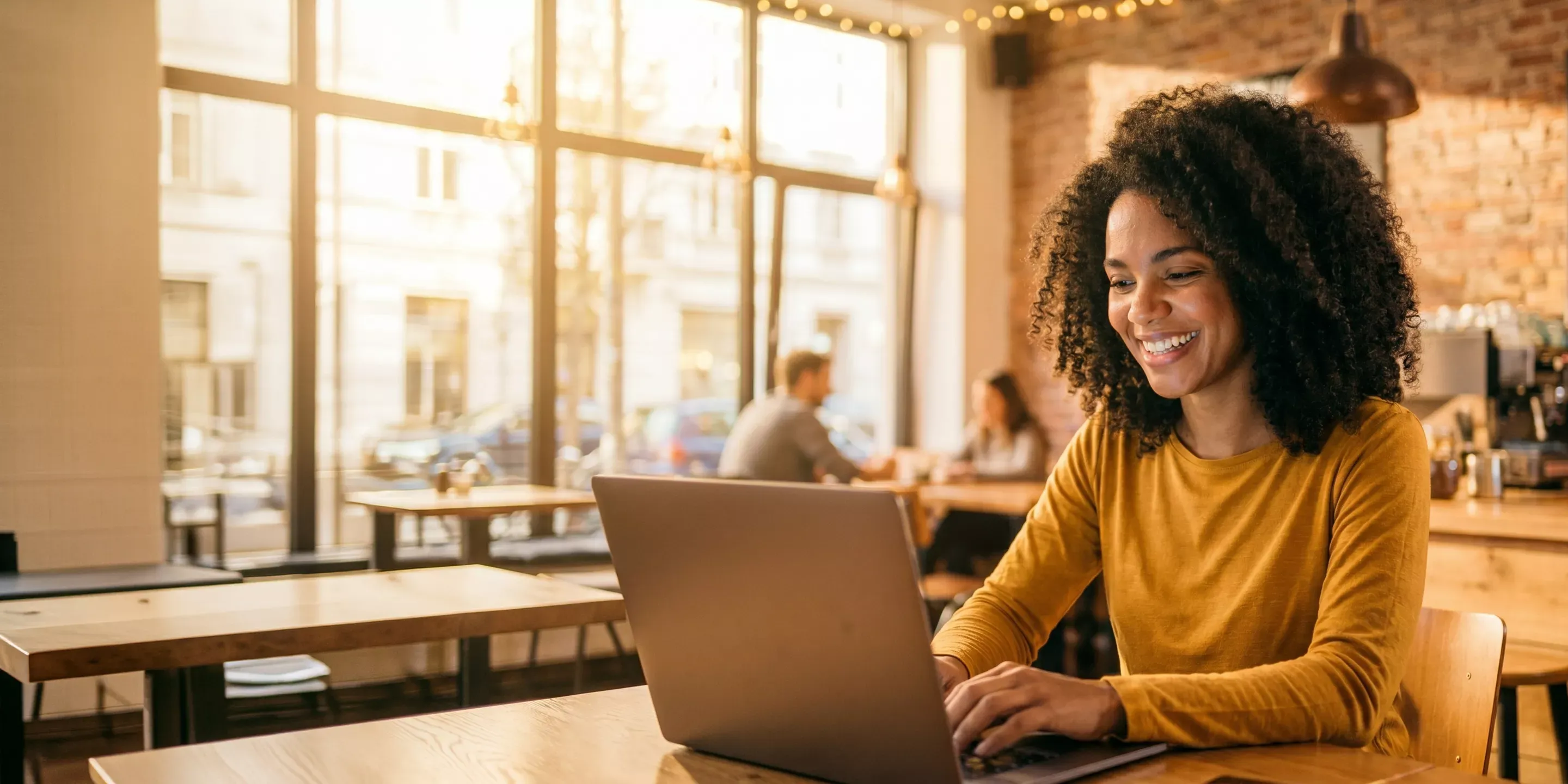 A smiling woman with curly hair using a laptop while sitting in a sunlit cafe.