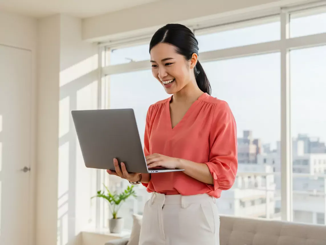 Woman wearing pink holds laptop