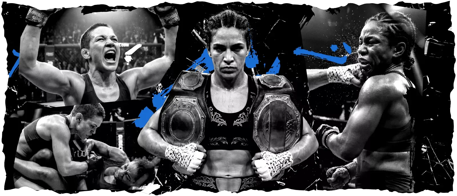 A collage of Female MMA champion fighters