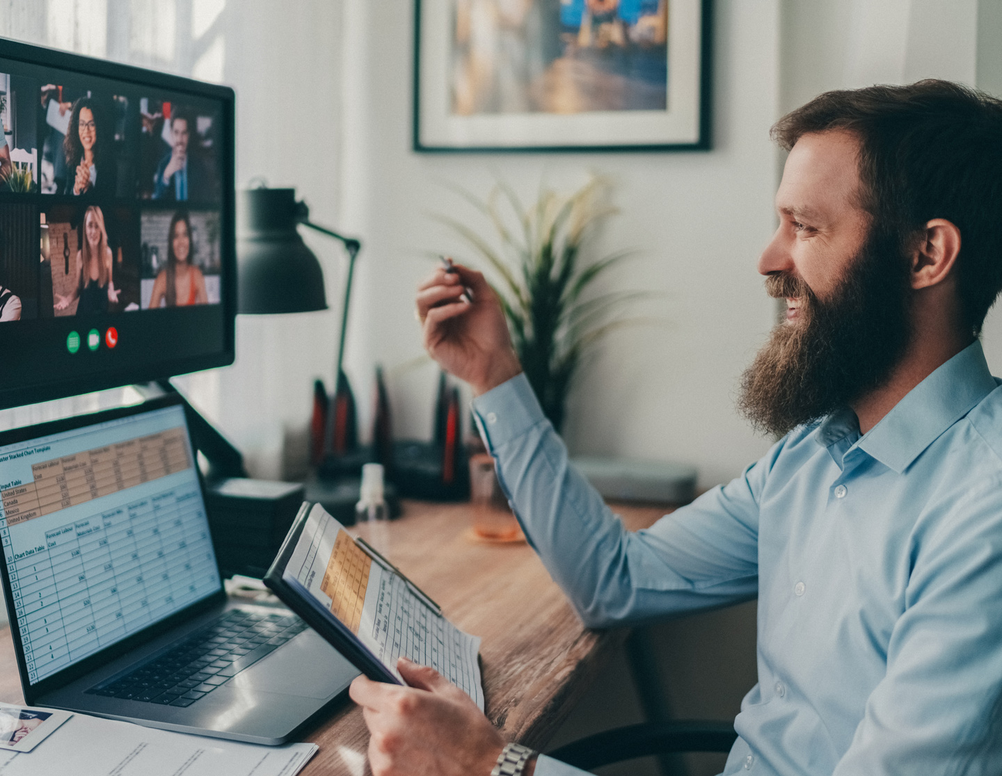 Bearded man on a working conference call