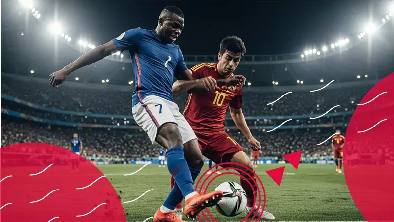 Two professional soccer players compete for the ball in a crowded stadium at night, accented with red circular and wave graphics.