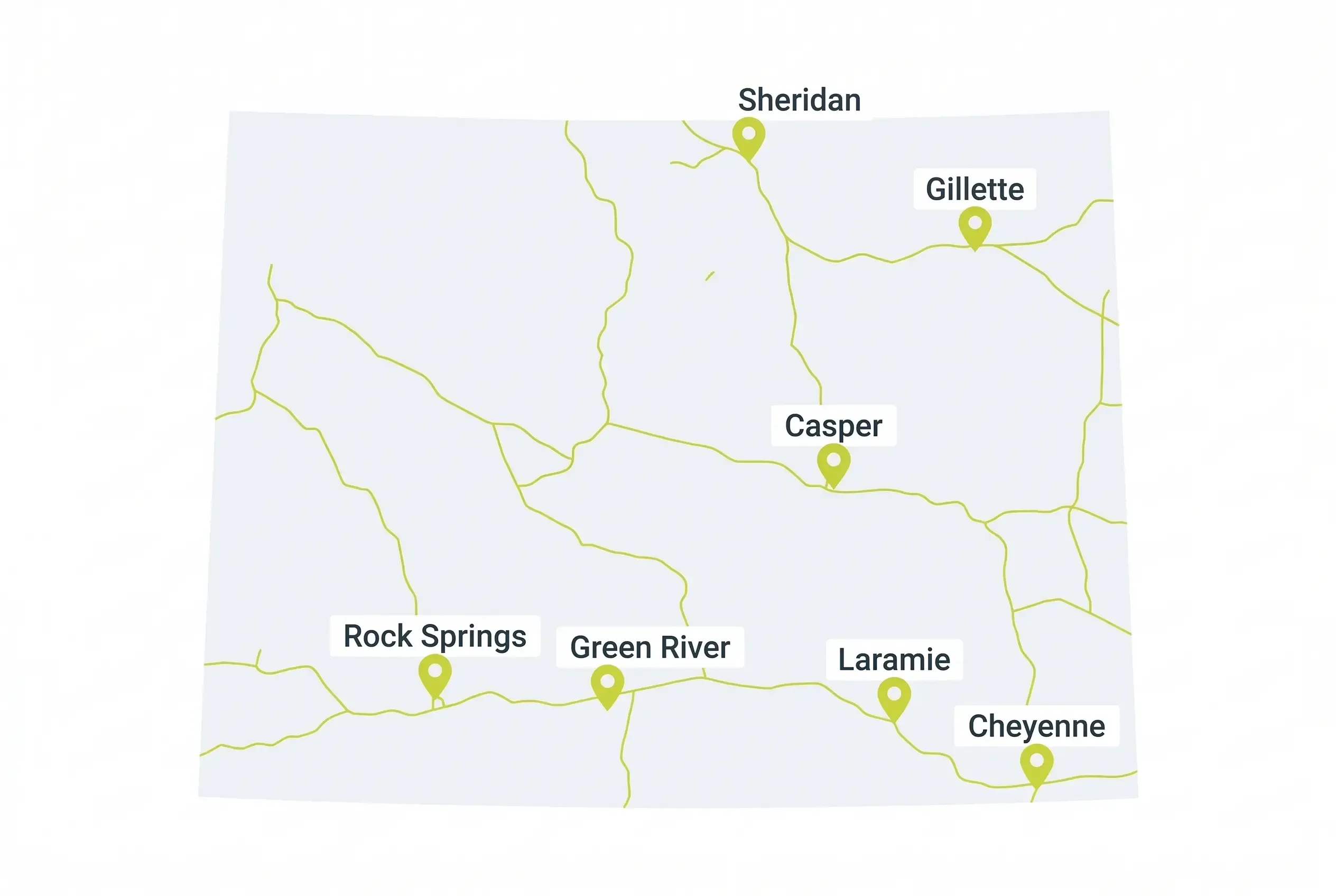 A simplified map of Wyoming featuring gold highway lines and green location pins marking the cities of Sheridan, Gillette, Casper, Rock Springs, Green River, Laramie, and Cheyenne.