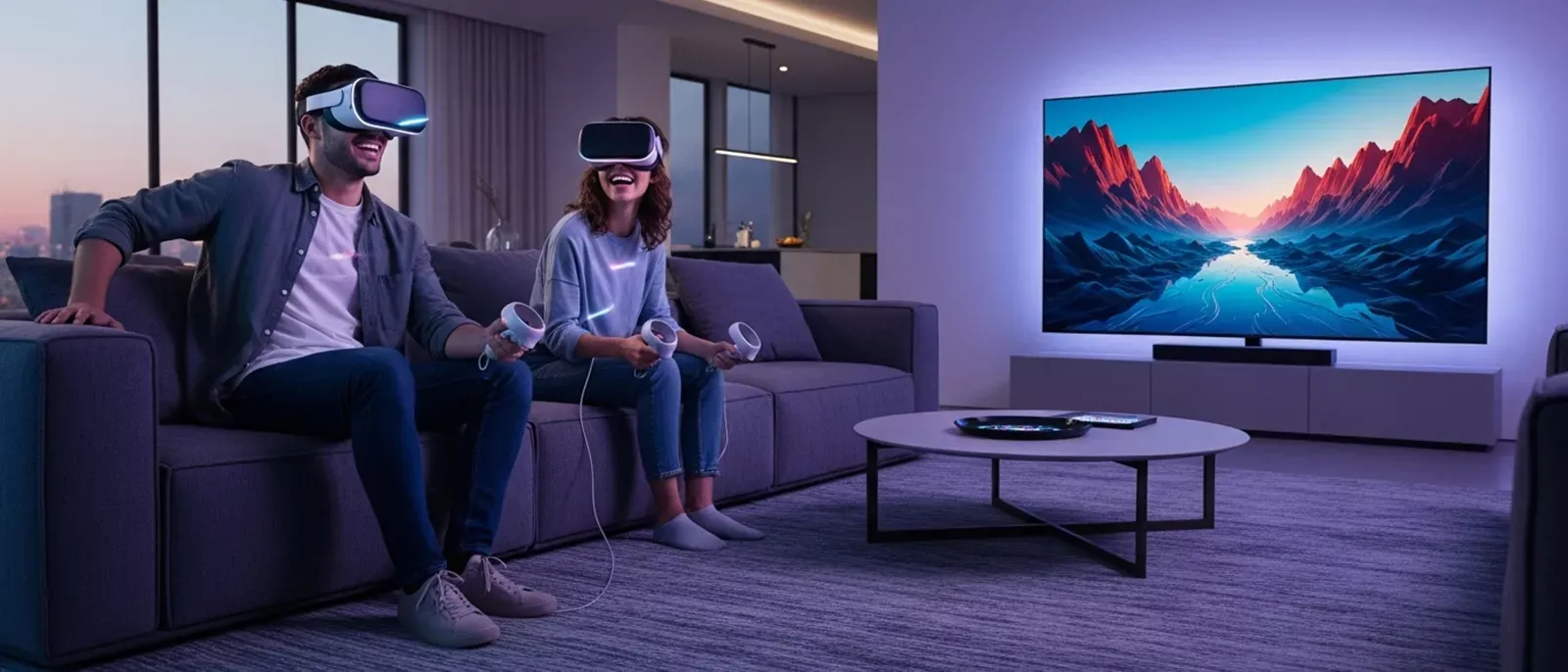 Young adults wearing VR headsets inside smart home