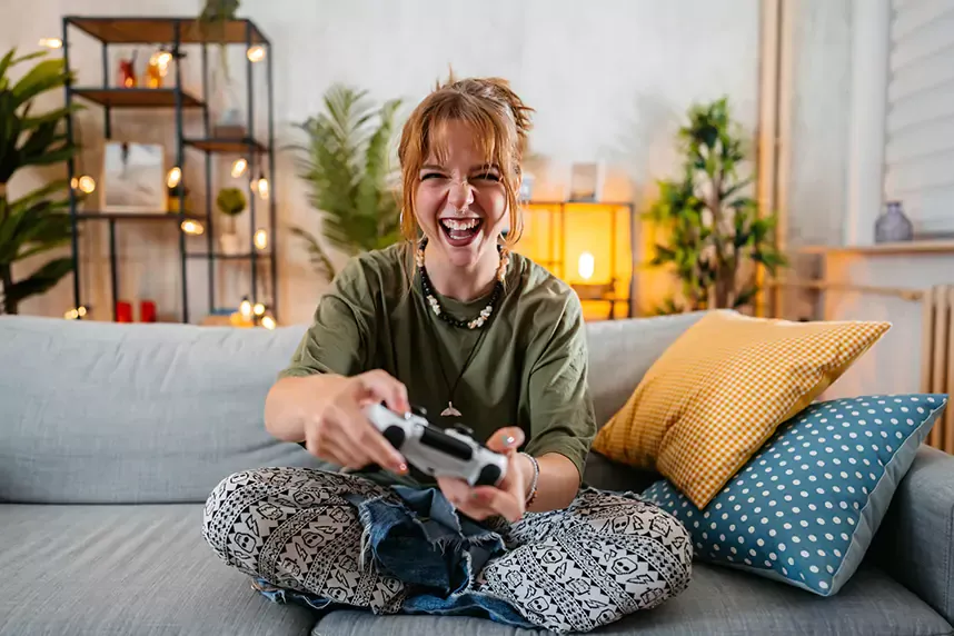 young woman playing video games