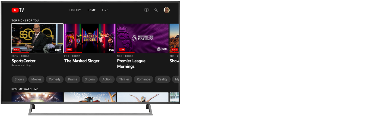 TV showing Youtube TV content on screen