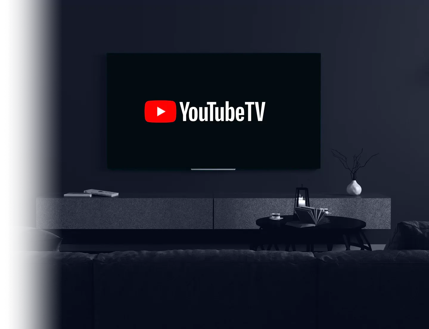 YoutubeTV on a television in a dark room.